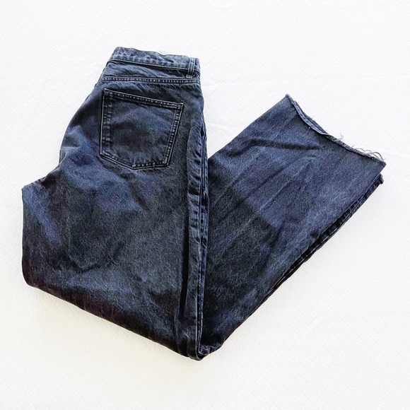 Zara Black Wide Leg Denim Jeans Fringed Hem SZ12 - Picture 7 of 8